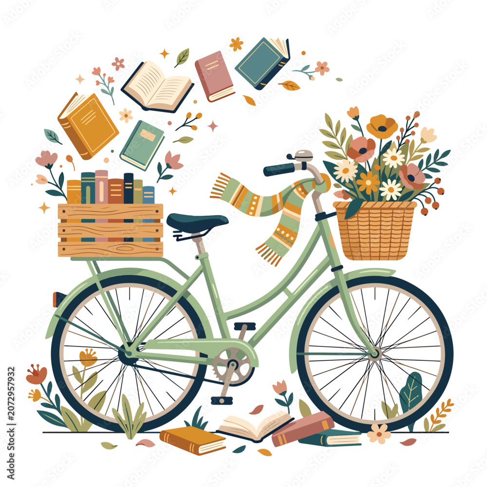 Fototapeta premium Bicycle with flowers and books arrangement.