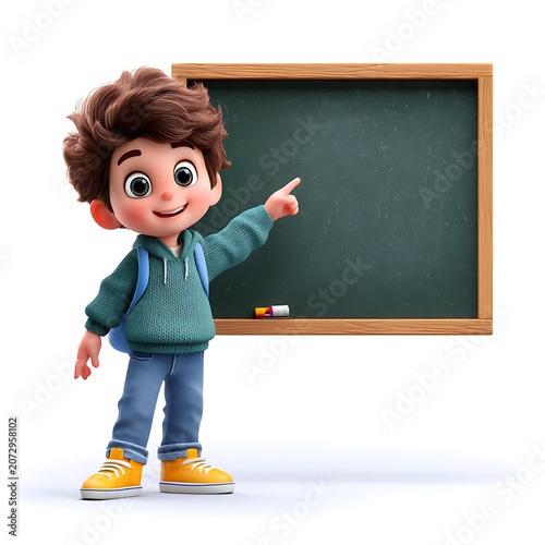 Cartoon boy with backpack pointing at blackboard in classroom isolated on white background