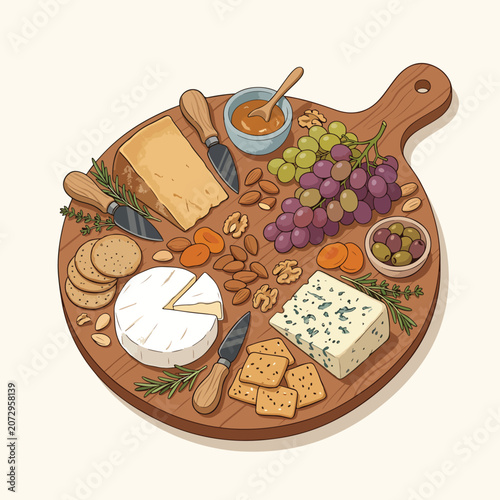 Colorful cheese board with assorted foods.