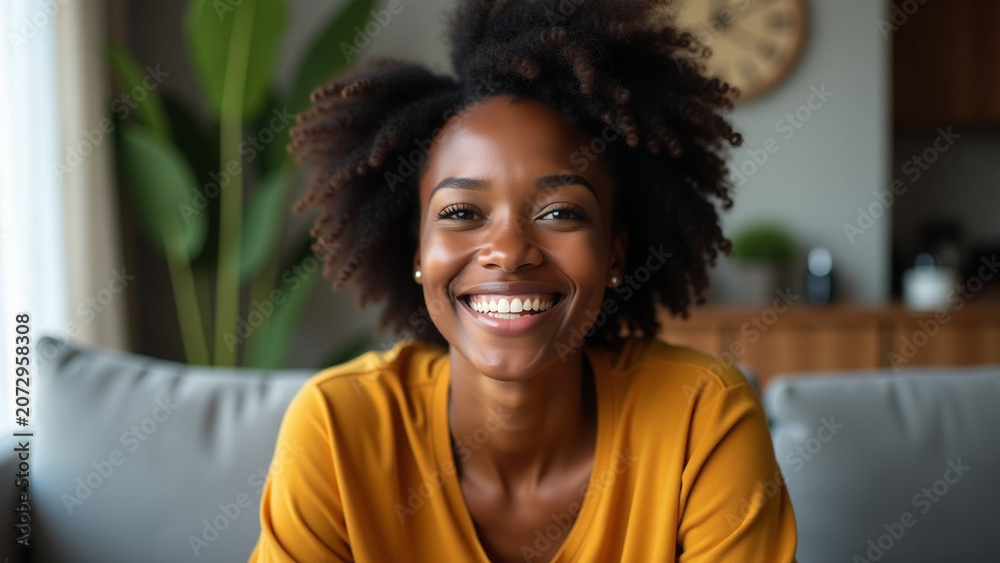 Fototapeta premium Woman sitting on sofa iteration at home ar people race ethnicity and portrait concept happy