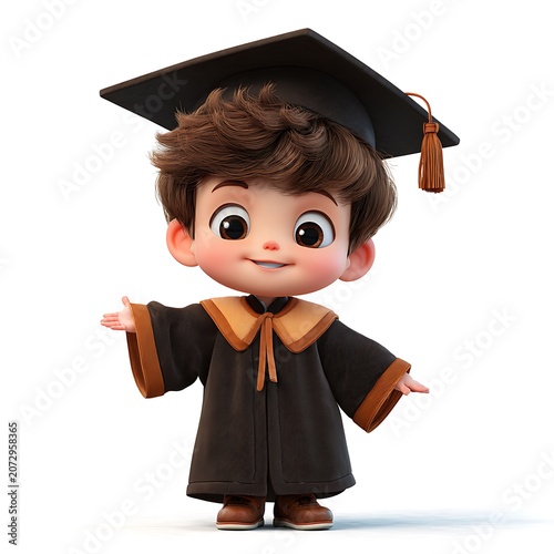 Cute cartoon boy in graduation cap and gown celebrating isolated on white background