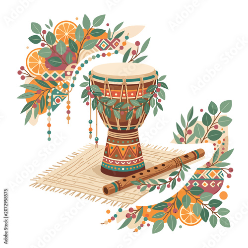 Colorful Djembe Drum and Flute Instrument.