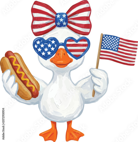 Duck with Hot Dog and American Flag Fourth of July design 