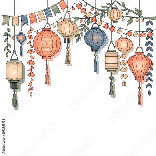 Colorful Lanterns Hanging in a Row.