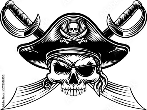 Quadro su tela Pirate skull crossbones wearing a tricorn captain hat, eyepatch with crossing sabers or scimitar cutlass pirate swords