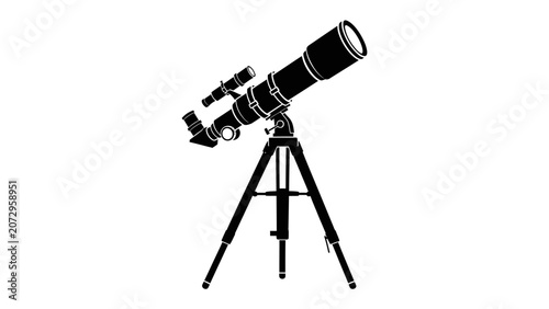 Bilde på lerret Telescope on Tripod: A detailed silhouette of a refractor telescope mounted on a sturdy tripod, ready to explore the cosmos and unveil celestial wonders