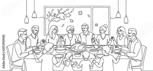 Tableau sur toile Family sharing Thanksgiving dinner and being grateful for holiday celebration in line art