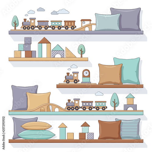 Colorful toy train on shelves with pillows.