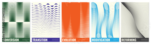 Abstract geometric vector poster set with halftone grid and optical illusion patterns, Shape distortion and linear gradients with transition effect, dynamic graphic for banner and wall art