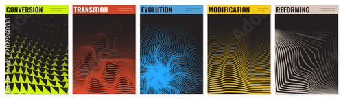 Abstract geometric vector poster set with halftone grid and optical illusion patterns, Shape distortion and linear gradients with transition effect, dynamic graphic for banner and wall art
