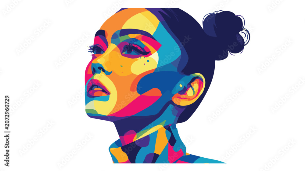 Naklejka premium Colorful Geometric Portrait of a Woman with Bun Hairstyle.
