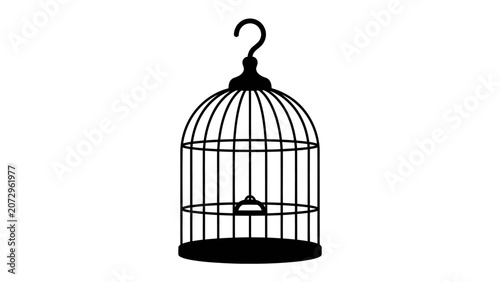Fényképezés Empty Birdcage Silhouette: A stark black silhouette of an ornate birdcage hangs suspended, its bars and base clearly defined, evoking a sense of confinement or freedom lost