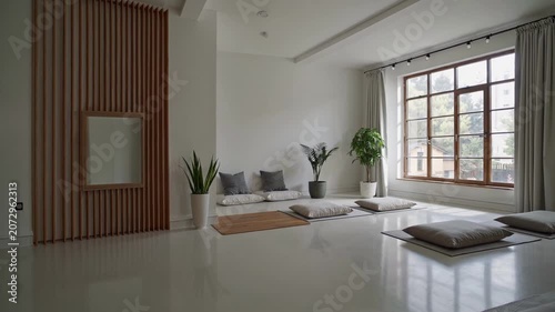 Empty minimalist wellness studio interior featuring low seating cushions, yoga mats, glossy pale floor and tall multi-pane wooden window, framed by light gray walls and soft daylight