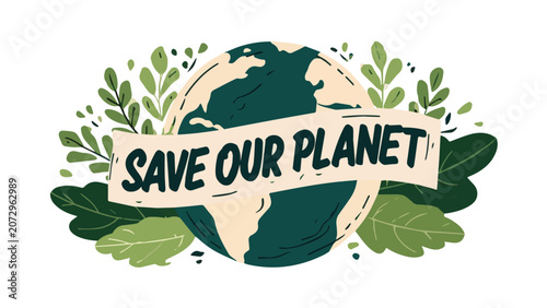 Environmental Conservation Earth Globe with Save Our Planet Banner.