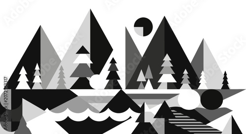 Geometric Mountain Landscape with Trees and Sun in Black and White