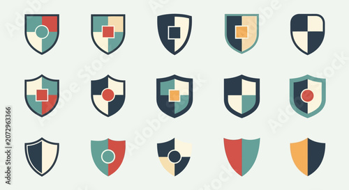 Set of shield icons, security and protection symbols, flat design