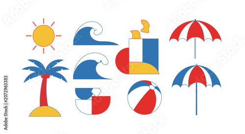 Summer Beach Icons: Sun, Palm Tree, Waves, Umbrellas, Beach Ball