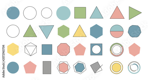 Geometric Shapes: Circles, Squares, Triangles, Hexagons, Pastel Colors