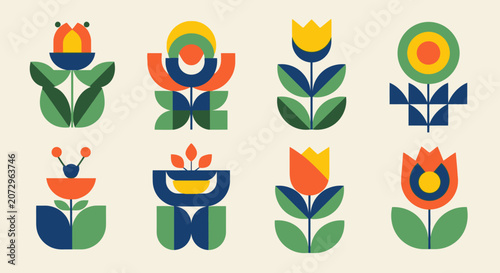 Retro Floral Patterns: Geometric Mid-Century Style Flower Icons