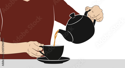 Pouring tea into a cup from a black teapot, close-up