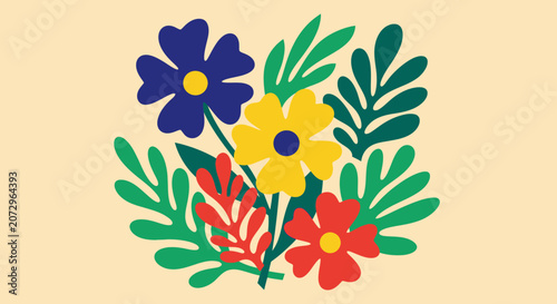 Colorful floral illustration with leaves and petals, flat design