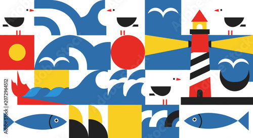 Nautical Abstract Geometric Design with Lighthouse, Waves, Fish, Gulls