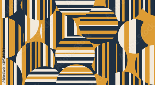 Retro Geometric Pattern with Stripes and Circles in Mustard Yellow and Blue