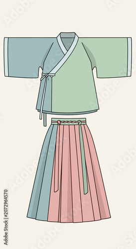 Traditional Korean hanbok dress, pastel colors, illustration
