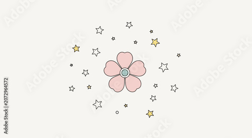 Whimsical Pink Flower with Subtle Stars - Minimalist Nature Illustration