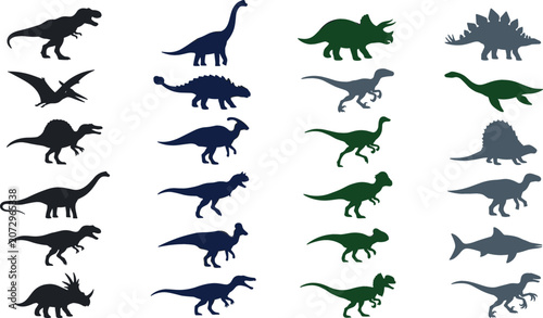 Foto Prehistoric Dinosaur Silhouette Icon Collection Vector Set Featuring Tyrannosaur