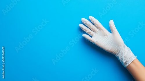White disposable medical glove worn on human hand against solid blue background for healthcare and safety concept visuals