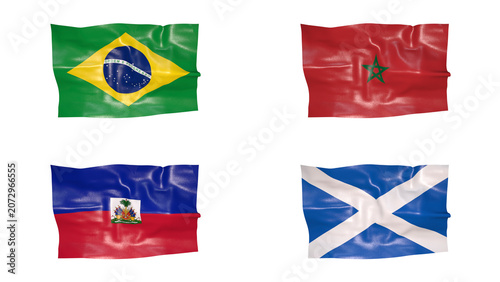 FIFA World Cup 2026 Group C Flags Set, 3D Waving Fabric Texture Illustration of Brazil, Morocco, Haiti and Scotland National Flags