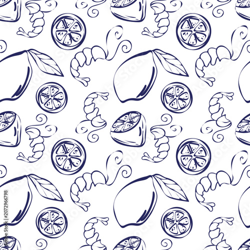 Minimalist seamless seafood pattern featuring fresh prawns or shrimp with whole lemons, leaves and sliced citrus rounds. Elegant dark blue line art design, perfect for restaurant decor and textile.
