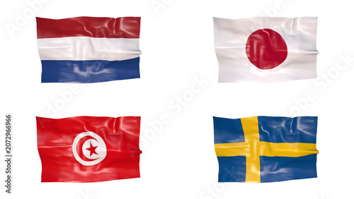 FIFA World Cup 2026 Group F Flags Set, 3D Waving Fabric Texture Illustration of Netherlands, Japan, Tunisia and Sweden National Flags