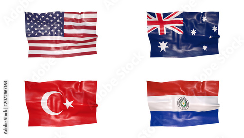 FIFA World Cup 2026 Group D Flags Set, 3D Waving Fabric Texture Illustration of USA, Australia, Turkey and Paraguay National Flags