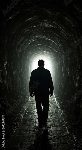 Silhouette of a man walking towards light in a dark tunnel
