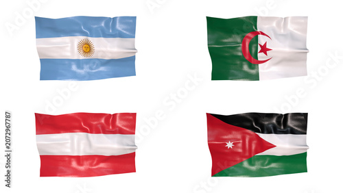 FIFA World Cup 2026 Group J Flags Set, 3D Waving Fabric Texture Illustration of Argentina, Algeria, Austria and Jordan National Flags