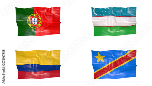 FIFA World Cup 2026 Group K Flags Set, 3D Waving Fabric Texture Illustration of Portugal, Uzbekistan, Colombia and DR Congo National Flags