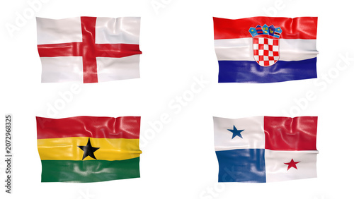 FIFA World Cup 2026 Group L Flags Set, 3D Waving Fabric Texture Illustration of England, Croatia, Ghana and Panama National Flags