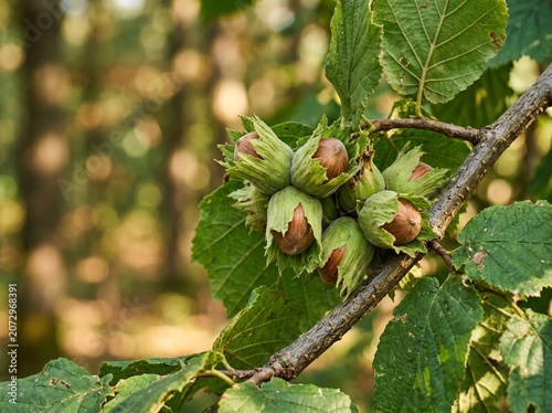Hazelnuts growing on a tree branch with green leaves in a natural setting