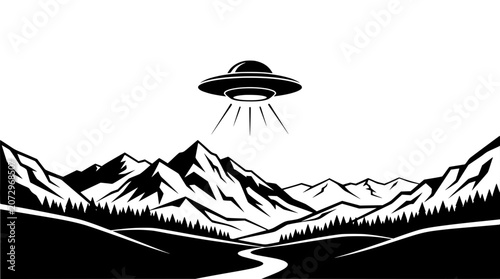 Obraz na płótnie UFO hovering over majestic mountain range with forest and river, black and white