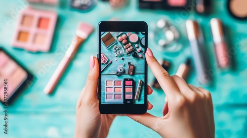 Person taking smartphone of beauty makeup products on teal wooden background for social media content creation