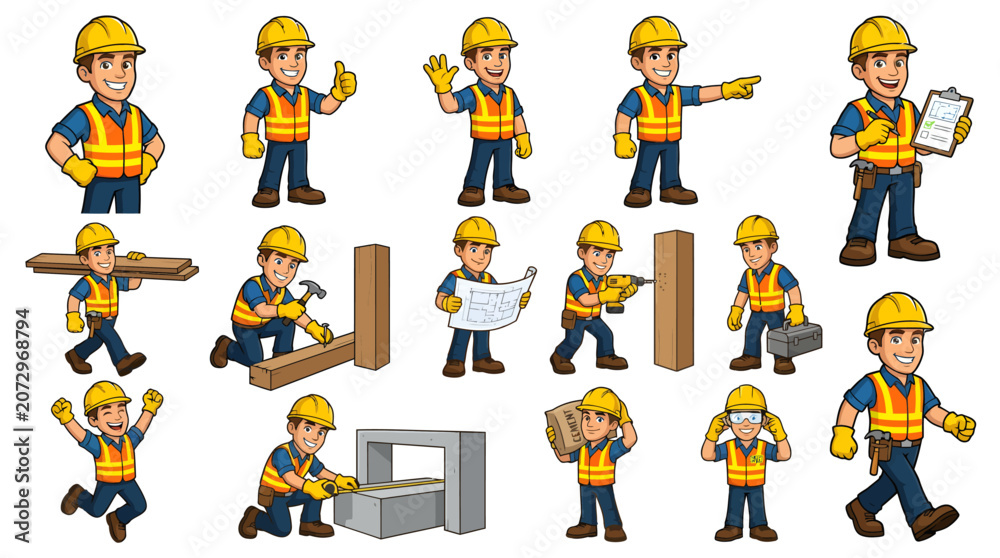 Fototapeta premium Professional vector construction worker mascot collection featuring a friendly builder in multiple poses and activities