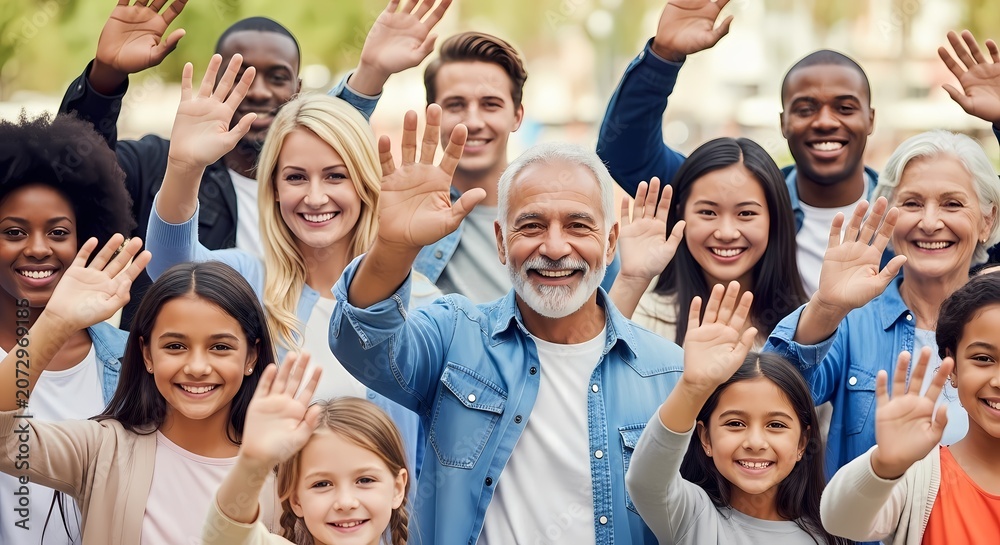Obraz premium Inclusive multiracial assembly waving hello in a bright park with sharp focus and shallow depth of field for social welfare marketing