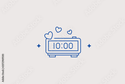Digital desktop alarm clock with heart decorations line icon for clockmaker shop. Precise vector illustration for morning blog, time keeper, wake up service.