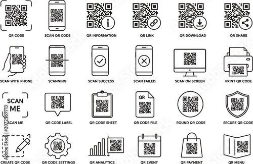 Comprehensive collection of QR code icons featuring scanning, mobile payment, verification, digital access, barcode, and contactless technology symbols. Ideal for mobile applications, websites, user i