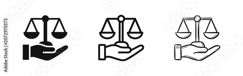 Valokuva Justice scales in hand icon set, legal balance, courtroom symbols