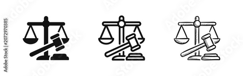 Fotografie Gavel and scales of justice icon set, courtroom legal equipment