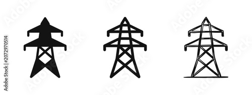 Cuadro en lienzo High Voltage Electricity Pylon Icon Set in Solid, Outline, and Hand-Drawn Vector