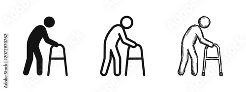 Εκτύπωση καμβά Elderly person with walker icon set, senior mobility aid, walking frame symbol